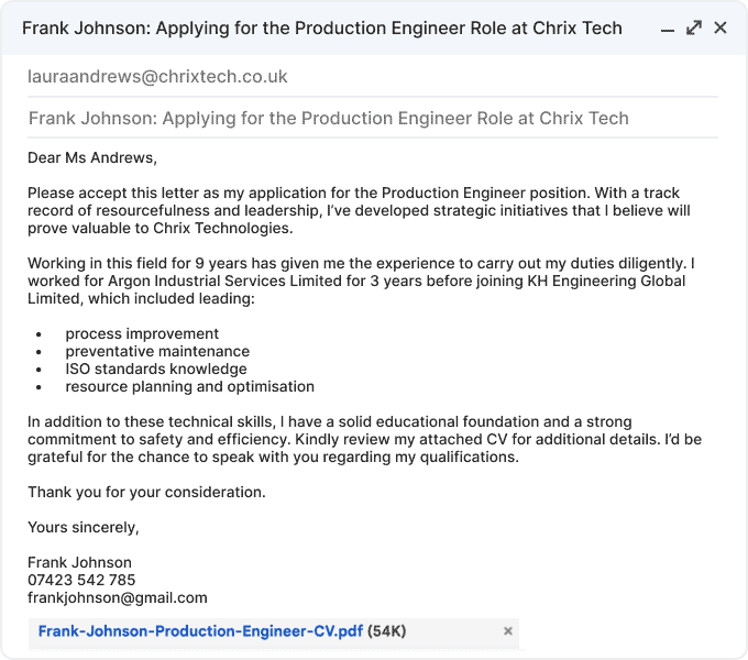 An example of a cover letter used in the body of an email to apply for a job