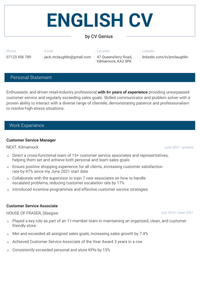 An English CV example using a bold blue colour scheme with solid colour bars separating the key sections.
