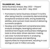 An example work experience entry that demonstrates how to show a promotion on a CV, using black text with a bolded header, italicized dates in the stacked subheadings, and 3 bullet points.