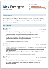 The first page of a CV template. The applicant's name is highlighted with blue and black text, and each section header is written in a gray bar. The applicant's address is on the right side of the header in a single-column list of personal information.