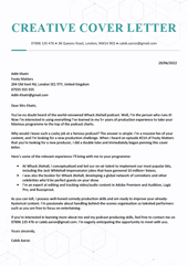 An example of a creative cover letter with teal header text and subtle geometric shapes in the background at the top and bottom of the page