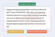 An example CV personal statement with different types of key CV words underlined and annotated in green, yellow, and red