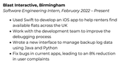 A graduate CV work experience entry example with a bold header, italicised subheader, and four bullet points