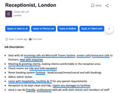 Example of a receptionist CV job description with important keywords underlined in blue