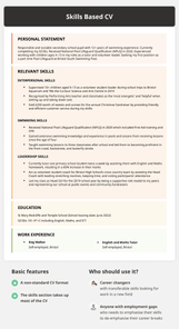 An infographic example of a skills based CV that highlights each section with a different background color. There's also a list of basic features and advice for who should use it below the CV.