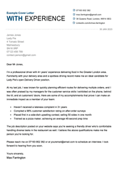 An example of how to write a cover letter with job-relevant experience, using a template with bold text and resume icons in the header