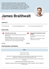 A CV with a picture on the right side of the header in a round frame