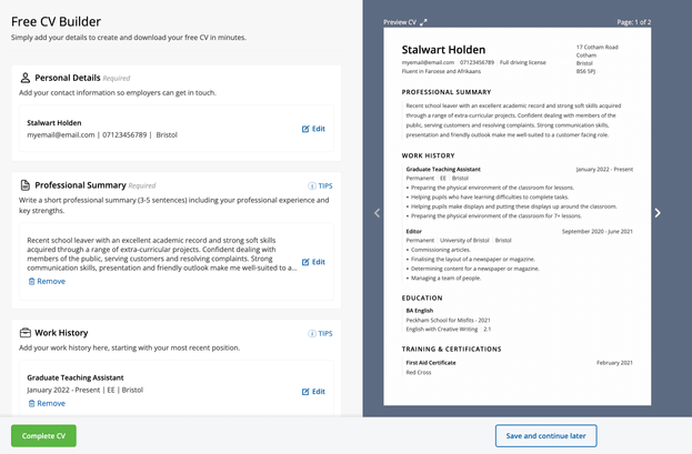 The interface of the CV Library maker, with a preview of your CV on the right and the area where you enter your details on the left.