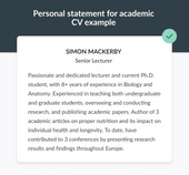 An example of a personal statement for an academic CV, outlining the applicant's teaching experience and research background in a few sentences.