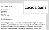 An example of Lucida Sans used as a cover letter font