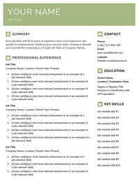 An image of a free Microsoft Word resume template with a light green header and resume icons, and writing prompts in brackets