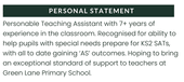A teaching assistant CV personal statement with a black section header.