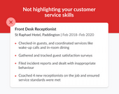 A work experience entry for a hotel receptionist that describes the applicant's previous responsibilities but doesn’t highlight their customer service skills.