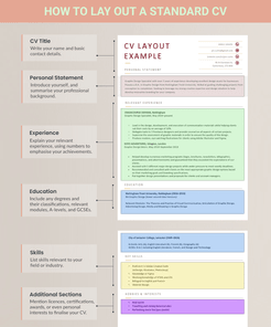 A standard CV layout with CV sections highlighted in different colors and boxes on the left explaining each section's purpose.
