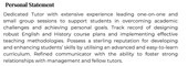 A personal statement on a tutor CV that highlights the candidate's relevant skills and experience