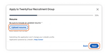 A pop-up window with the option to upload your resume to LinkedIn and 'Next' button both circled in orange.