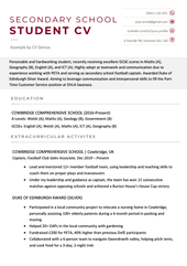 The first page of a secondary school student CV example with red text in its header and sections for the applicant's contact information, personal statement, and extracurricular activities