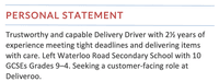 A delivery driver CV personal statement featuring a red section title.