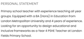 A primary teacher CV personal statement example with gray section header text.