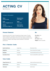 An acting CV with a picture on the right side of the header