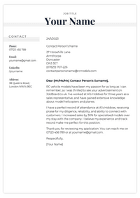 A short simple cover letter for a retail position with the applicants contact information in the left margin.. 