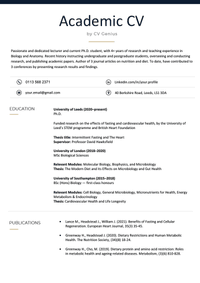 A professional-looking academic CV example with a summary of the candidate's experience, as well as their education and recent publications.