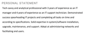 An IT CV personal statement example with a gray header and details about the applicant's work experience, achievements, and skills