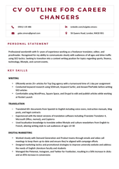 A CV outline template with contact information in neat boxes and bold maroon text for the applicant's name.