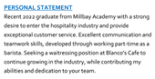 A school leaver CV example of an applicant's personal statement describing their part-time work experience