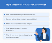 An infographic displaying five common questions to ask in an interview