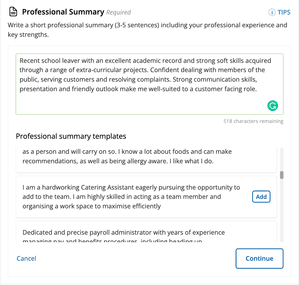 An area for entering your professional summary on your CV Library–created CV