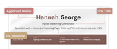 A CV with the headline, title, and applicant's name clearly labelled