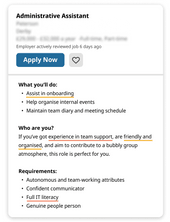 An example job ad with some requirements underlined in red and yellow to show good attributes to highlight in the opening statement of your administrative assistant cover letter 