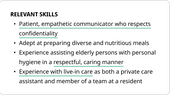 An example of an applicant's relevant skills section that matches a job advert requesting to hire someone who is patient, trustworthy, and empathetic