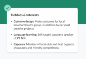 A detailed, well-written hobbies and interests section set against a green background.