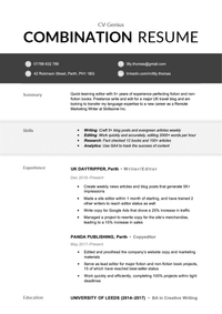 An image of a combination resume that lists skills above work experience and education