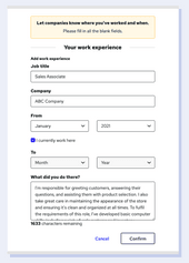 A screenshot of the Reed CV builder work experience window, showing the details of an applicant's previous job.