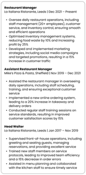 An example work experience section that demonstrates how to show a promotion on a CV using black text with on a white background. There are three bolded job titles as headers, followed by the company name and dates in a subheading.