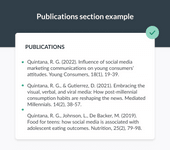 An example publication section from an academic CV with citations for three recently published journal articles