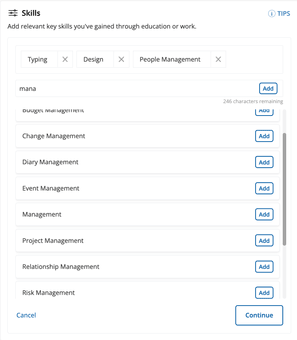 Adding skills to a CV Library–crafted CV.