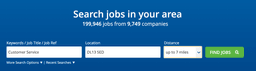 CV Library's job search interface, including spaces you can enter a job title, a postcode, and a distance range.