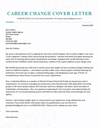 An example of a career change cover letter on a template with a blue header to accentuate the applicant's name and a faded hexagon background at the top of the letter