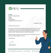 A recommendation letter shown in front of a dark green background with the company's logo shown on the letterhead and greeting the contact person using 'To Whom It May Concern'