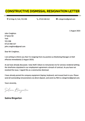 A constructive dismissal resignation letter sample with the title highlighted yellow