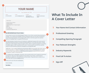 An infographic showing what you should include in a cover letter by highlighting each section in blue.