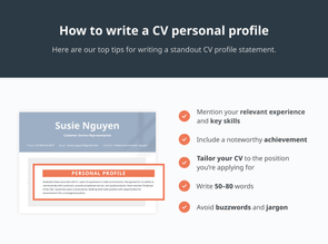 An infographic with five CV profile writing tips showing what a CV personal profile looks like by highlighting the CV personal profile with an orange box