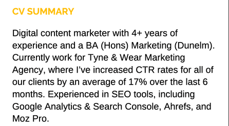 A marketing CV summary with a yellow CV summary title.