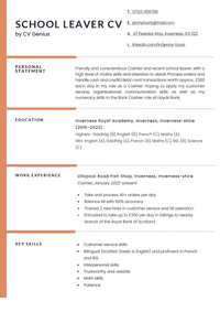 A school leaver cv example on a template with left-aligned orange lines to divide each CV header