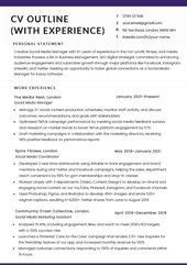 A CV outline template with purple bars at the top and bottom of the page.