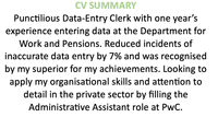 An administrative CV summary with a light green title.